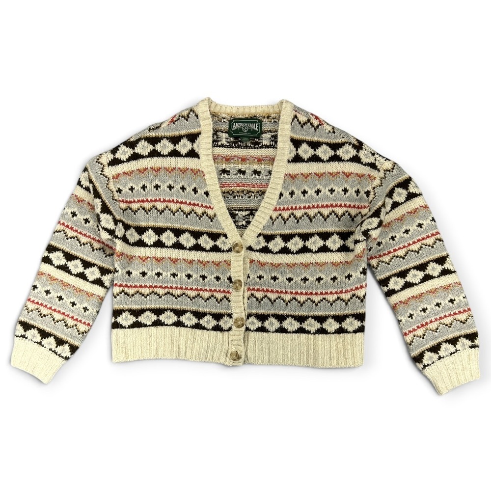 American Eagle Fair Isle Cardigan Sweater S Cream Nordic Geometric Cropped Knit